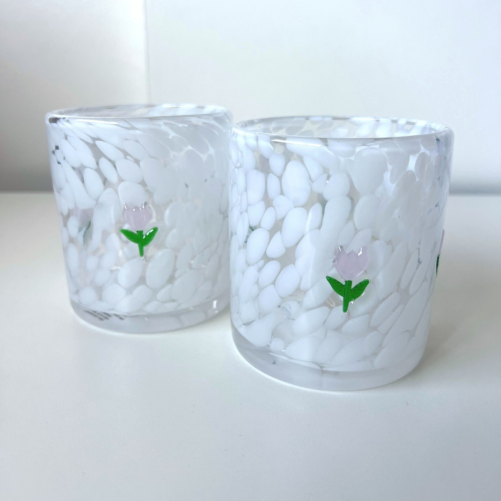 Pink Tulip White Confetti Art Glass Tumblers Set of 2 New Unused Cups